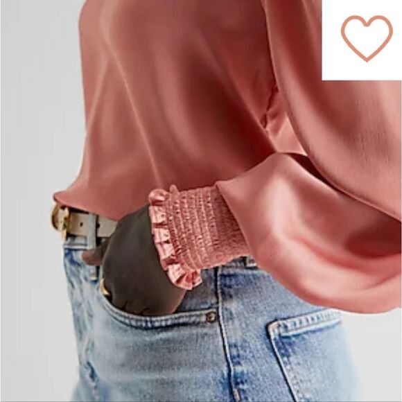 Express V-Neck Long Puff Sleeve Smocked Cuff Coral Blouse Satin Pullover Top XS - Picture 7 of 10